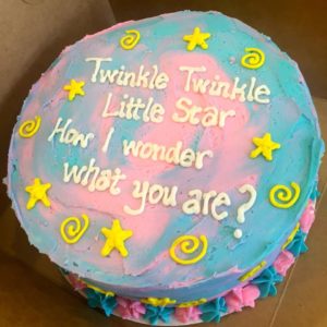 Gender reveal cake with words Twinkle Twinkle Little Star How I Wonder What You Are